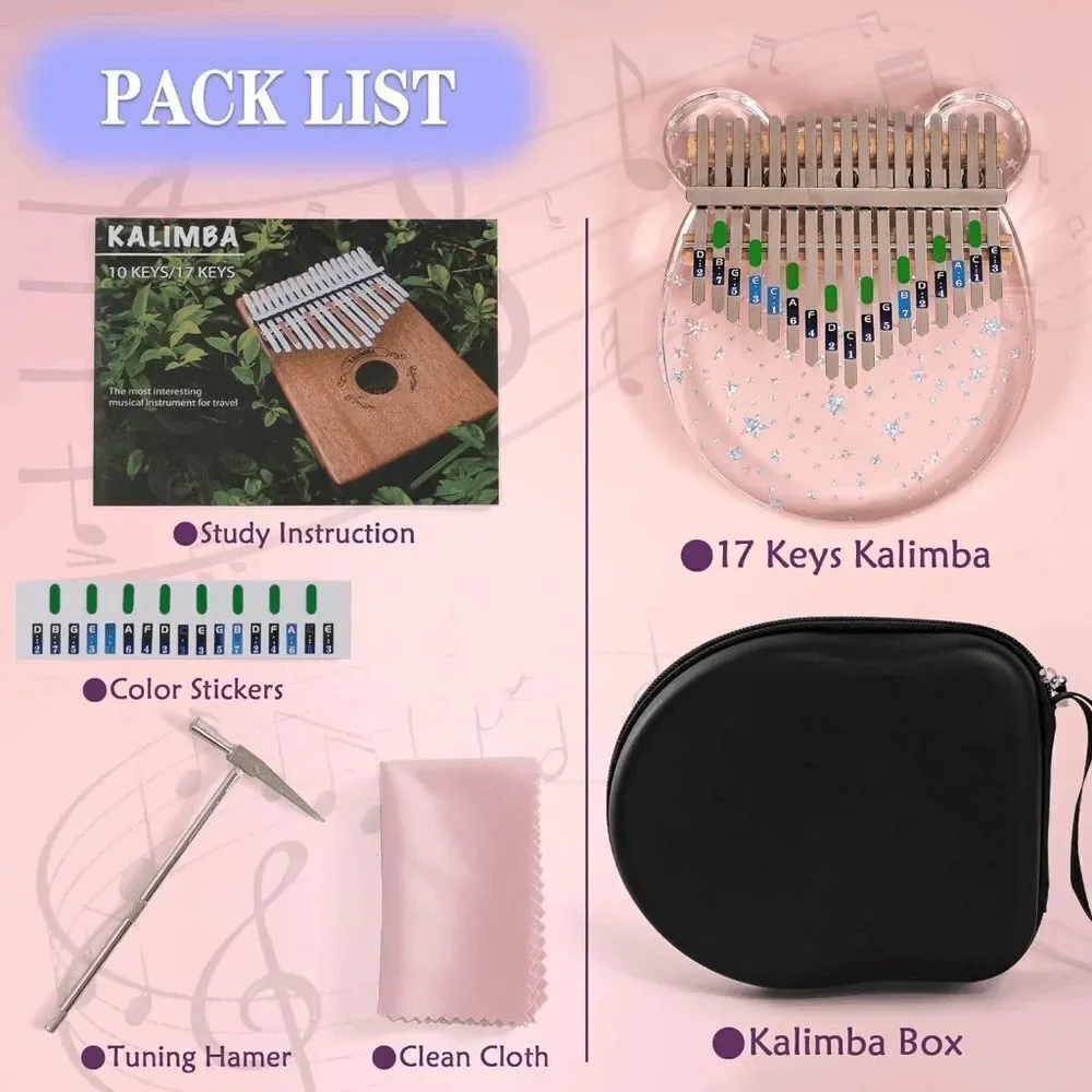 Kalimba Cute Transparent Acrylic Thumb Piano 17 Key With Tuner Hammer Instrument - Picture 7 of 8